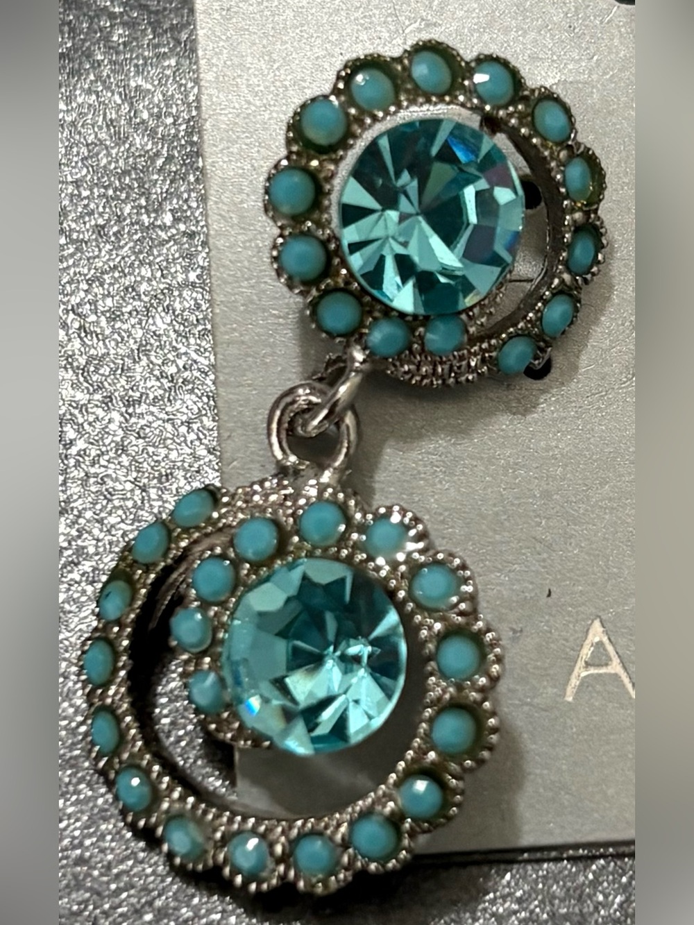 Amuse Turquoise Crystal Double Drop Earrings - Silver Tone - Picture 2 of 3